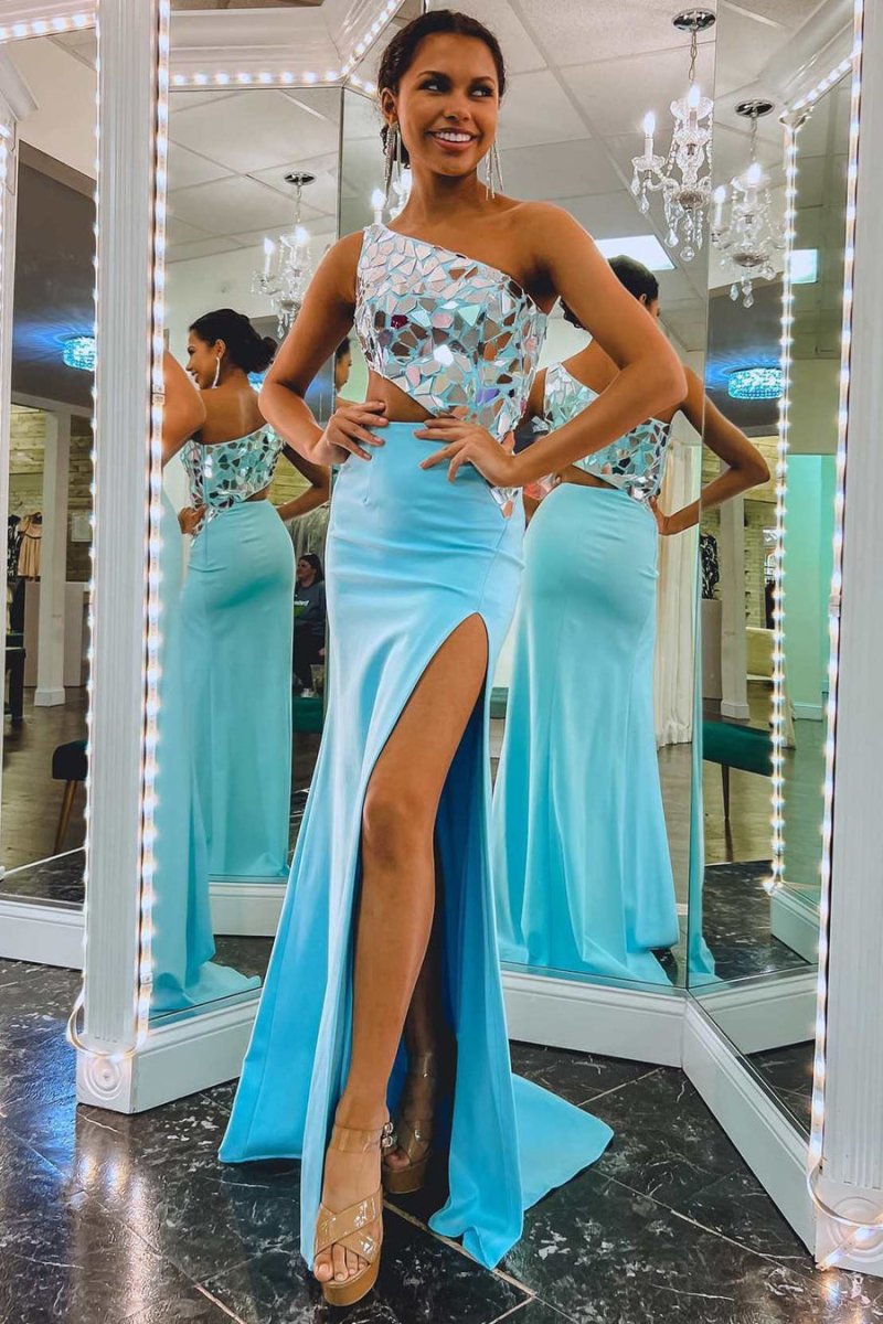 Sevoba|Sheath One Shoulder Cut Mirror Sequins Prom Dress