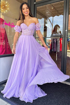 Rachel |A line Sweetheart Chiffon Prom Dress with Puff Sleeves