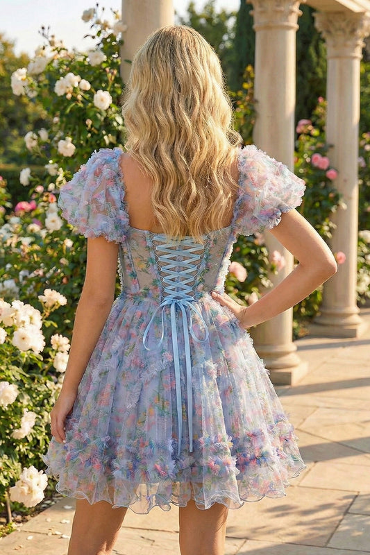 A Line Illusion Tulle Puffy Sleeves Homecoming Dress with Floral Print | Sevoba