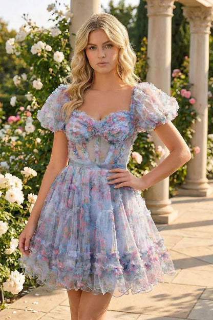 A Line Illusion Tulle Puffy Sleeves Homecoming Dress with Floral Print | Sevoba