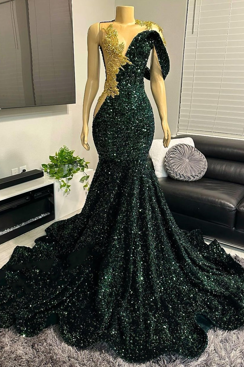 Elegant One shoudler Dark Green Sequin Floor length Prom Party Dresses