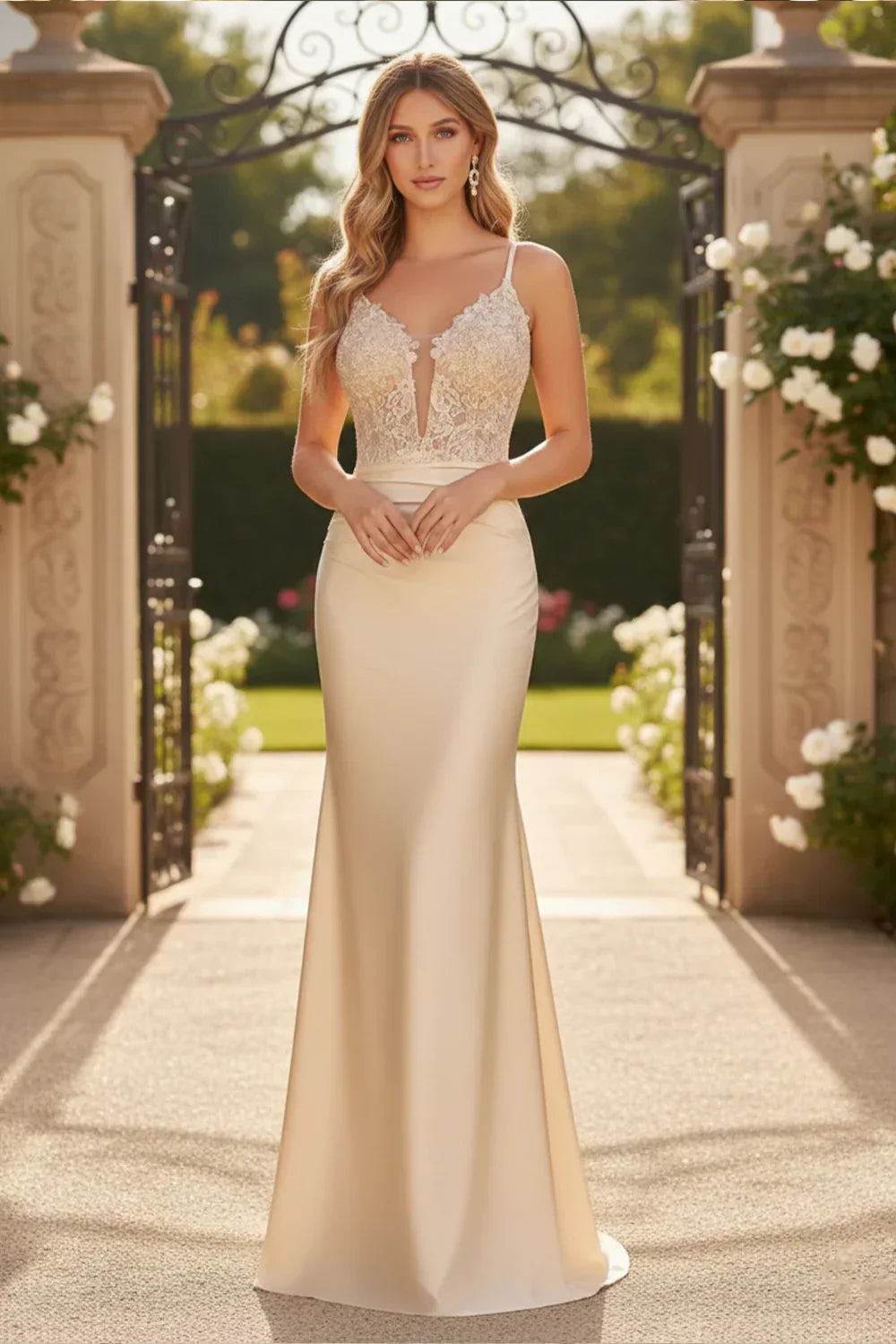 Sevoba champagne satin sheath prom dress featuring a floral lace applique bodice, deep V-neckline, and spaghetti straps, front view in outdoor garden gate setting.