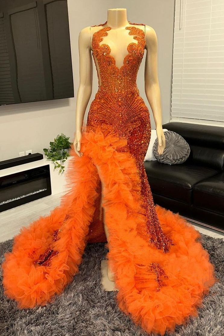 Designer V-neck Orange Beaded Tulle Ruffles Sequined Long Prom Party Dresses