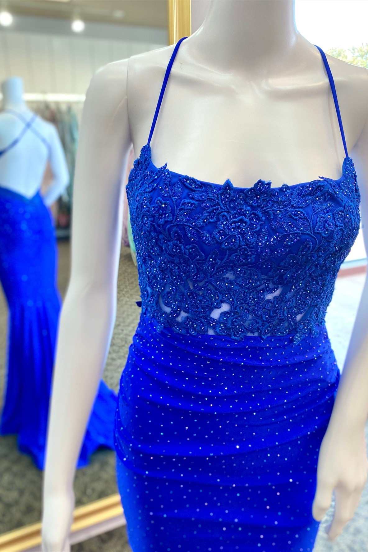 Sevoba|Royal Blue Beaded Applique Cross-Back Mermaid Long Prom Dress