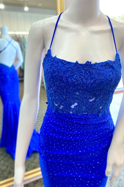Sevoba|Royal Blue Beaded Applique Cross-Back Mermaid Long Prom Dress