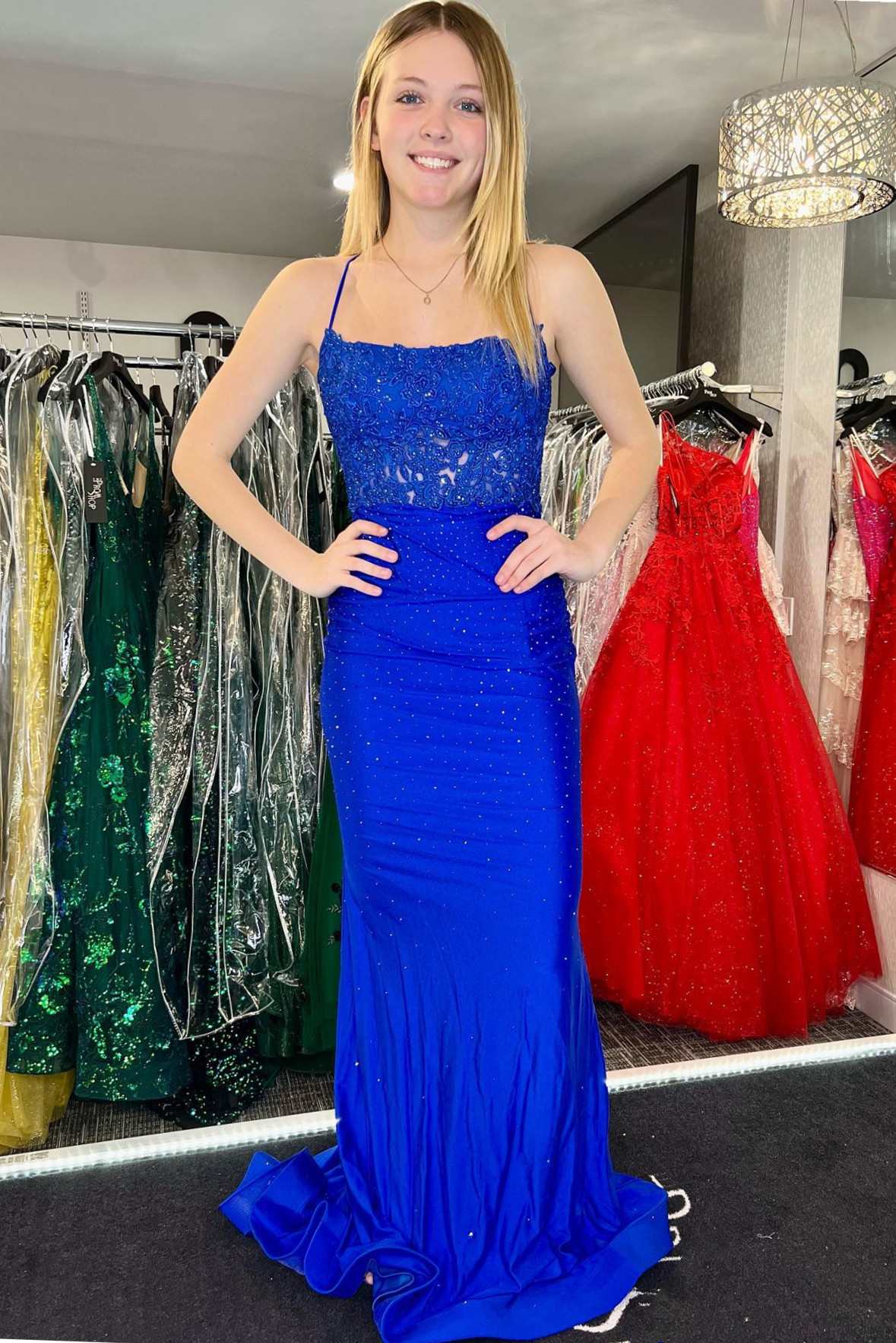 Sevoba|Royal Blue Beaded Applique Cross-Back Mermaid Long Prom Dress