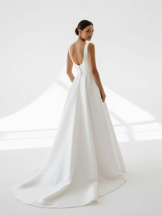 Sevoba|Simple A-Line Square Neck White Satin Wedding Dresses