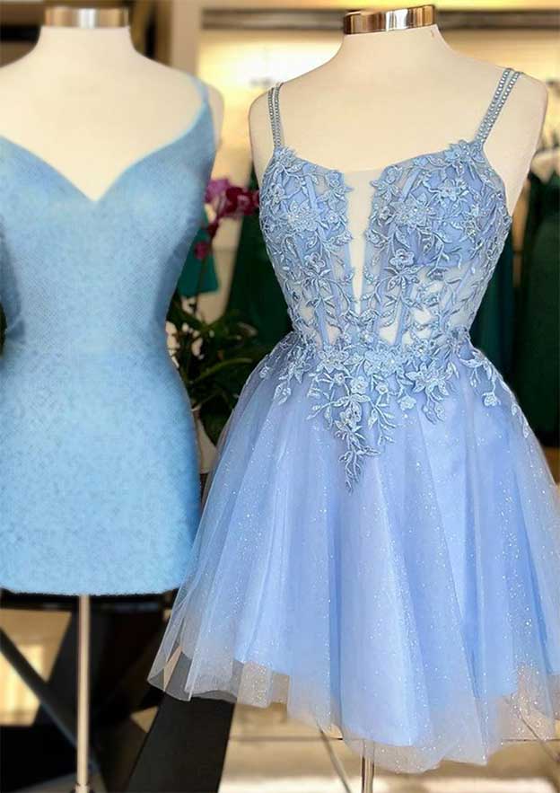 A-line V Neck Sleeveless Short/Mini Tulle Homecoming Dress with Appliqued Beading Glitter