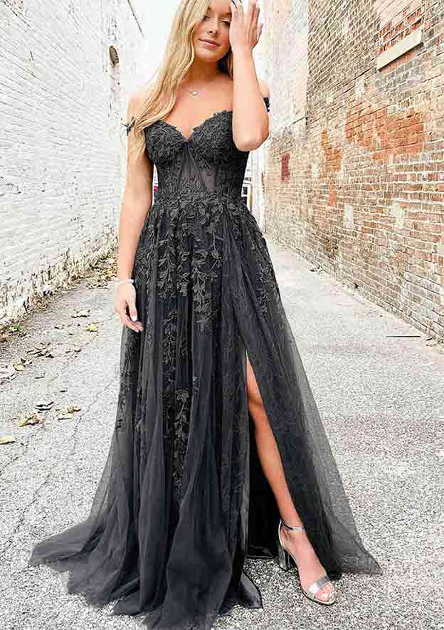 A-line V Neck Spaghetti Straps Long/Floor-Length Lace Prom Dress With Split