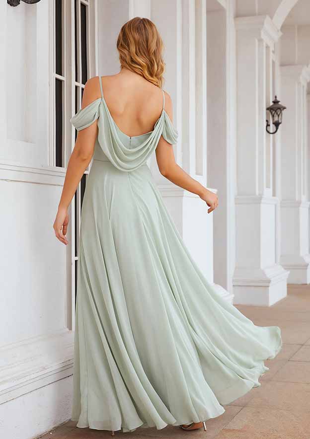 A-line Off-the-Shoulder Sleeveless Long/Floor-Length Chiffon Bridesmaid Dresses With Pleated