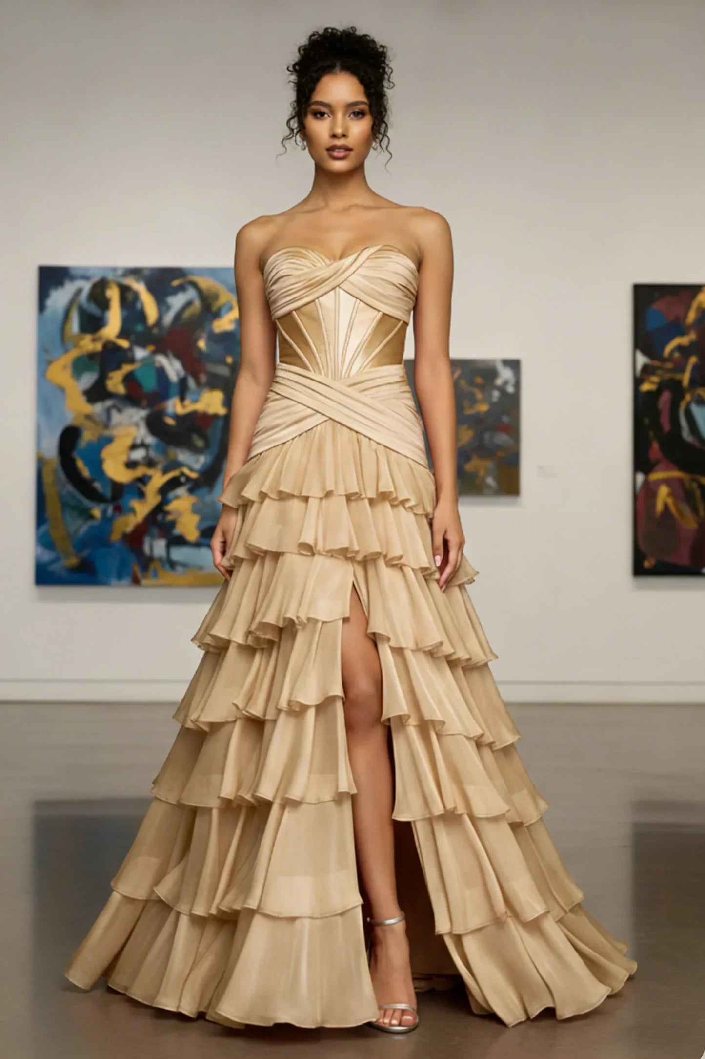 Woman in a strapless gold ruffled evening gown with high slit, standing in art gallery