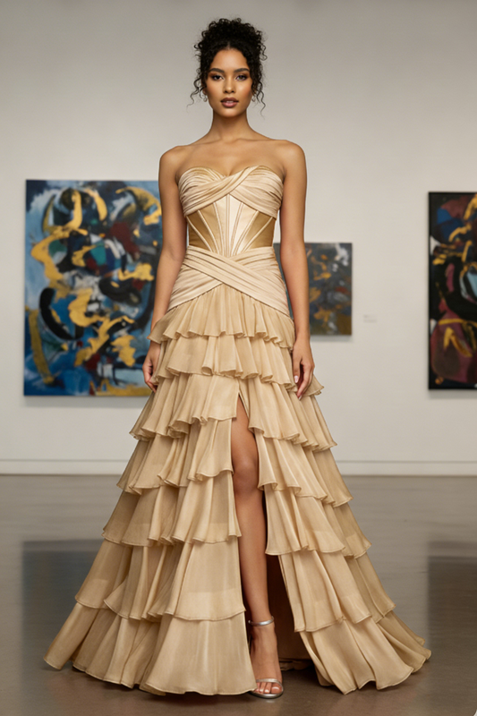 Luxury A Line Ruffled Satin Prom Dresses with Slit | Sevoba