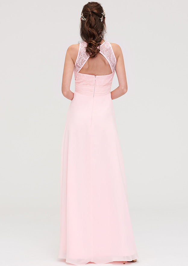 A-line/Princess Scoop Neck Sleeveless Long/Floor-Length Chiffon Bridesmaid Dresses With Split Lace