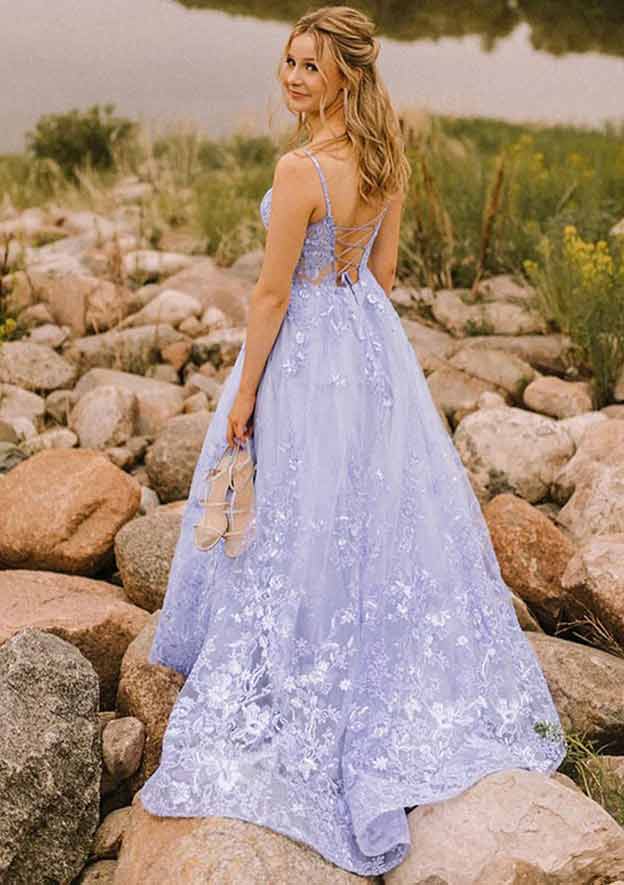 A-line Scoop Neck Spaghetti Straps Long/Floor-Length Tulle Prom Dress With Appliqued Beading Pockets Glitter