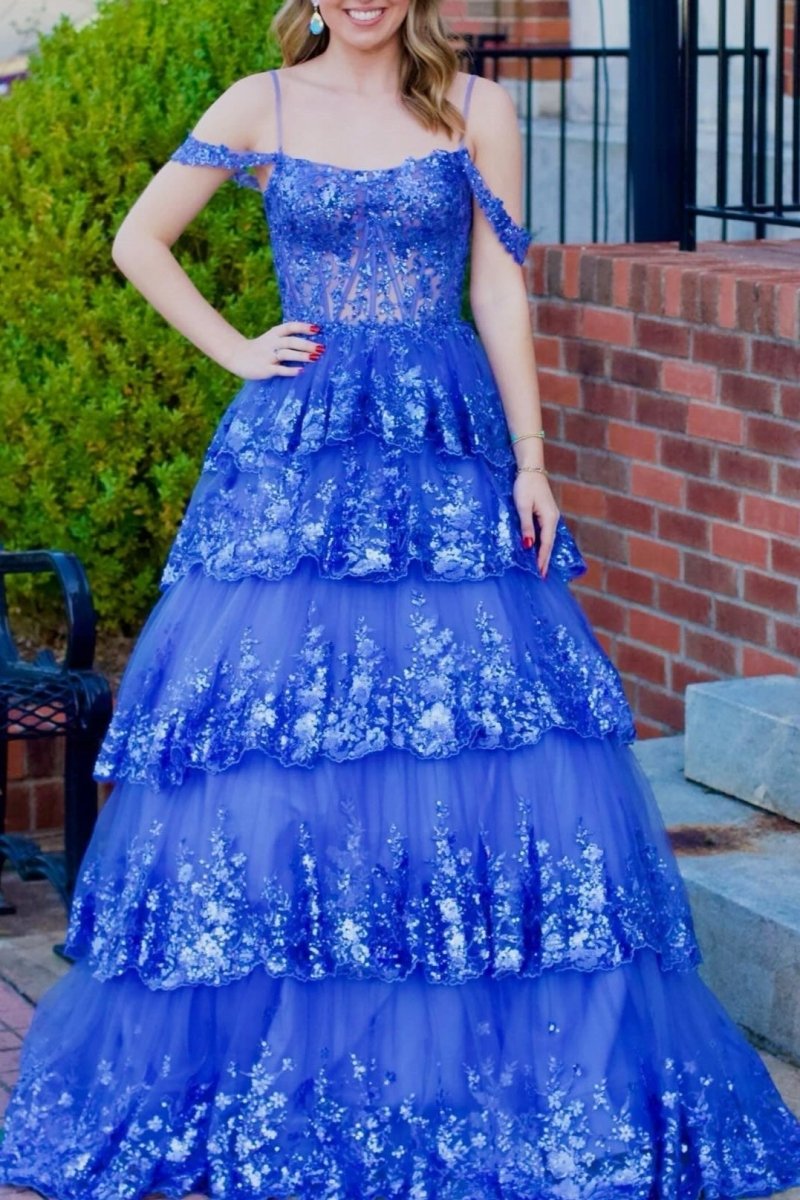 Maureen | Tulle Sequin Cold-Shoulder Ruffle Tiered Long Prom Dress