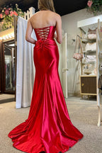 Nadia |Mermaid Strapless Satin Long Prom Dress With Slit
