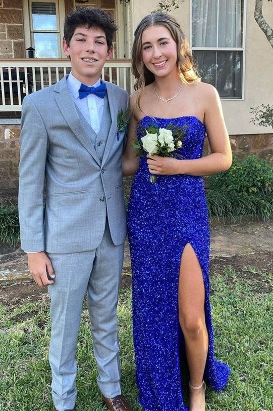 Sevoba|Gold Sequin Strapless Backless Mermaid Long Prom Dress with Slit