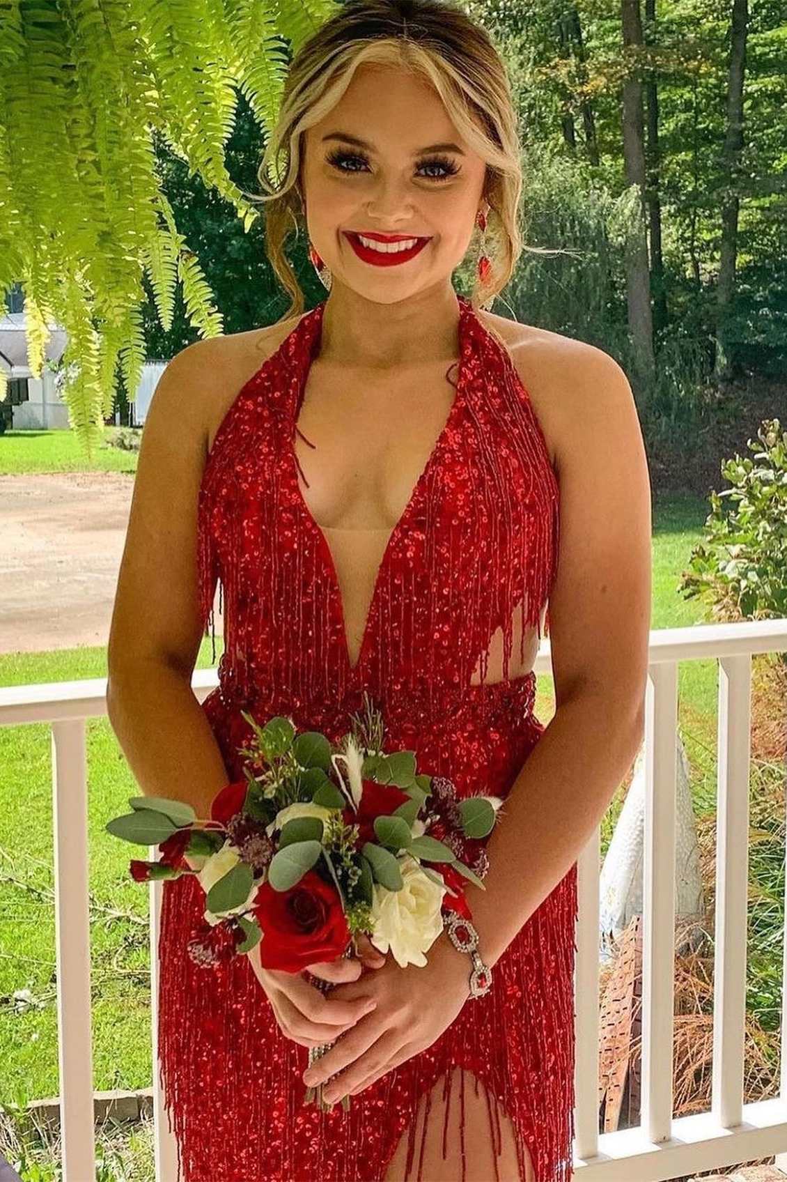 Sevoba|Black Sequin Fringe Halter Long Prom Dress with Slit