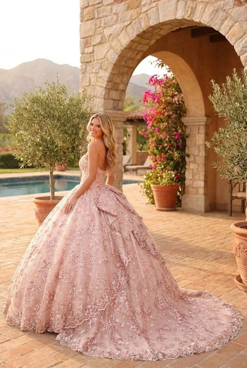 Charming Glitter Ball Gown Sleeveless Quinceañera Dress With Embroidery and Bow | Sevoba