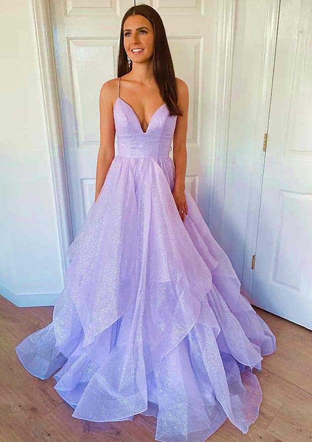 A-line Princess Sweetheart Sleeveless Long/Floor-Length Tulle Sparkling Prom Dress