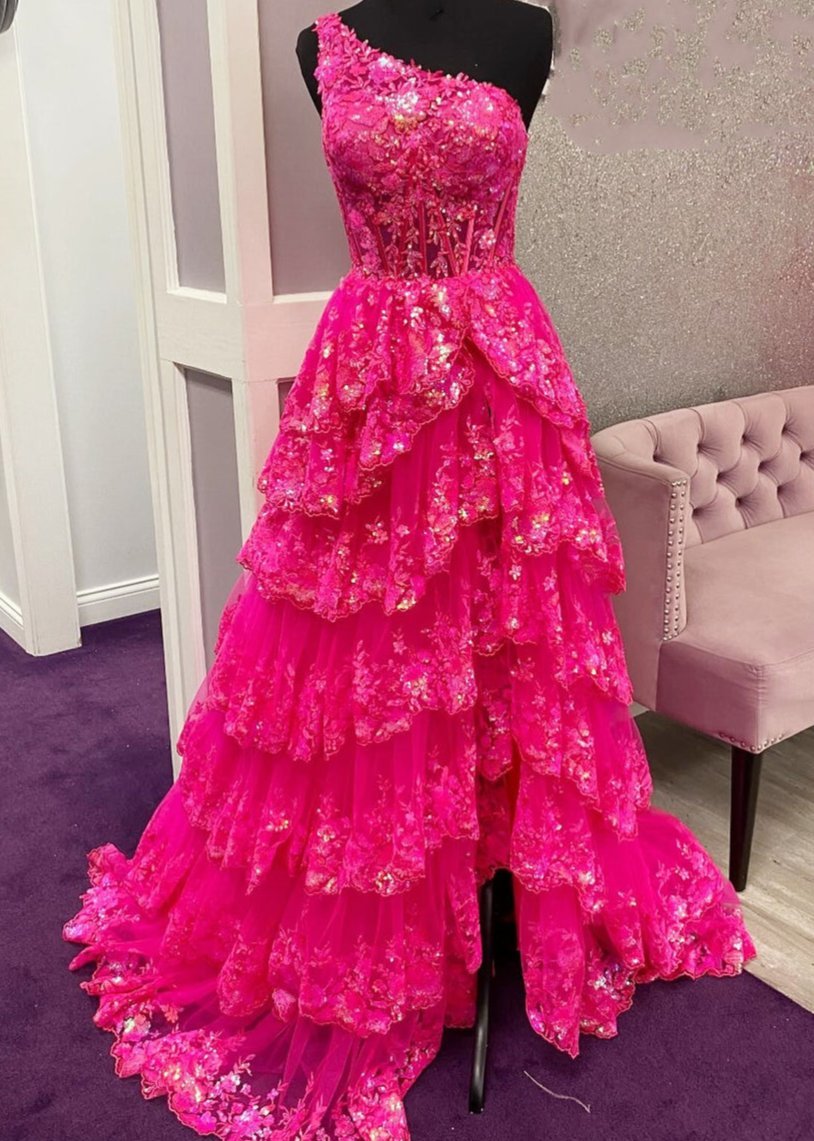 Sevoba|A Line One Shoulder Tiered Lace Long Prom Dress