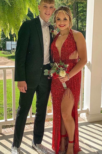 Sevoba|Black Sequin Fringe Halter Long Prom Dress with Slit