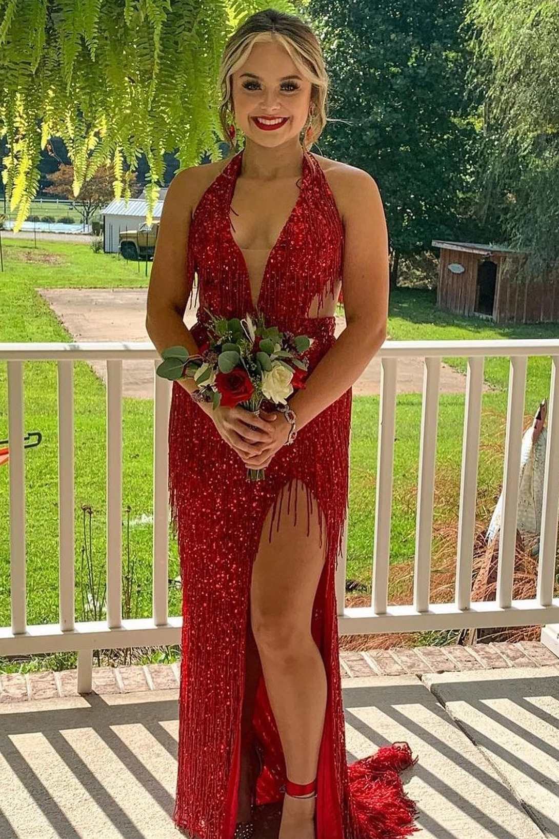 Sevoba|Black Sequin Fringe Halter Long Prom Dress with Slit