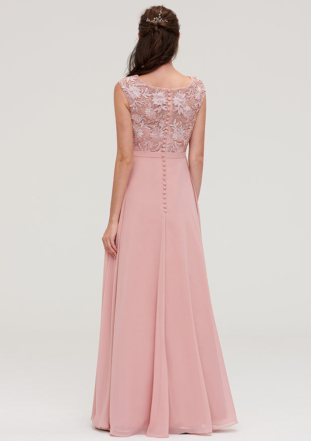 A-line/Princess Bateau Sleeveless Long/Floor-Length Chiffon Bridesmaid Dresses With Sashes Appliqued