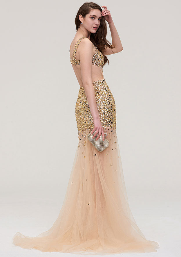 Sheath/Column Bateau Sleeveless Long/Floor-Length Organza Evening Dress With Beading