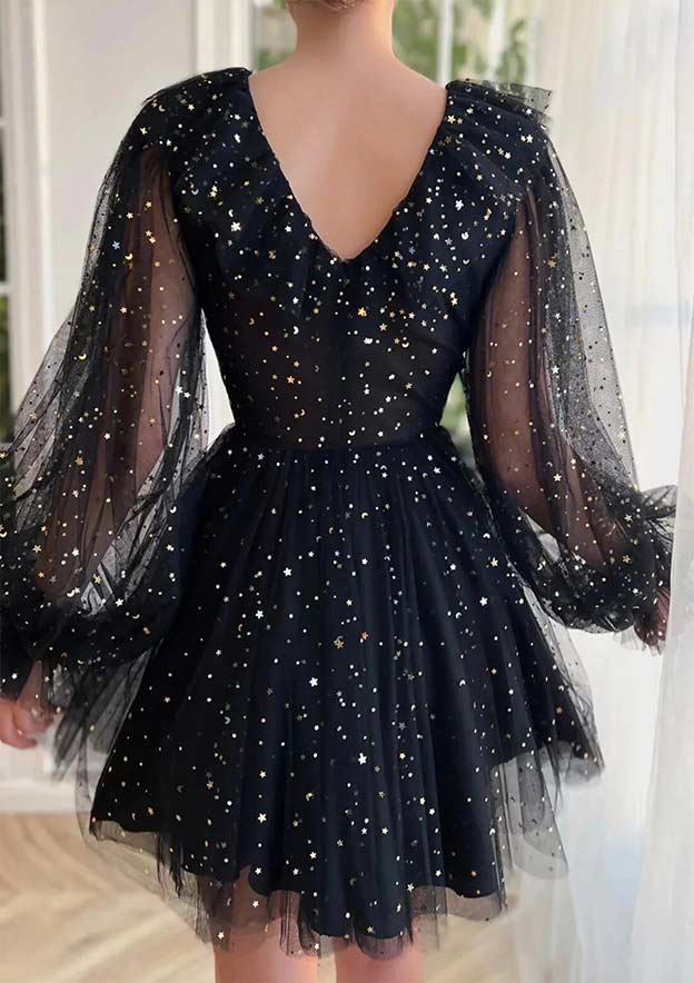 A-line V Neck Full/Long Sleeve Short/Mini Tulle Homecoming Dress with Sequins