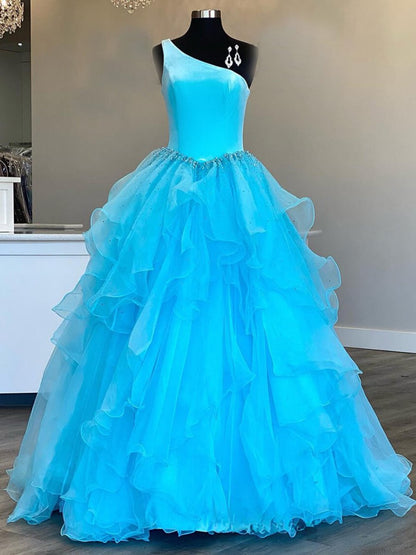 Belinda | Ruffle One Shoulder Royal Blue Velvet Top Long Formal Dress