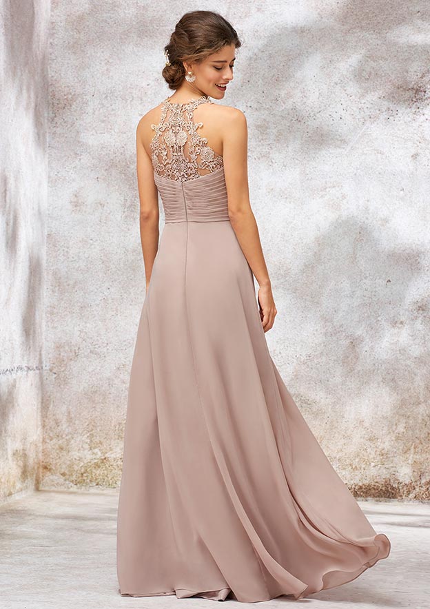 A-line Sweetheart Sleeveless Chiffon Long/Floor-Length Bridesmaid Dress With Lace Pleated