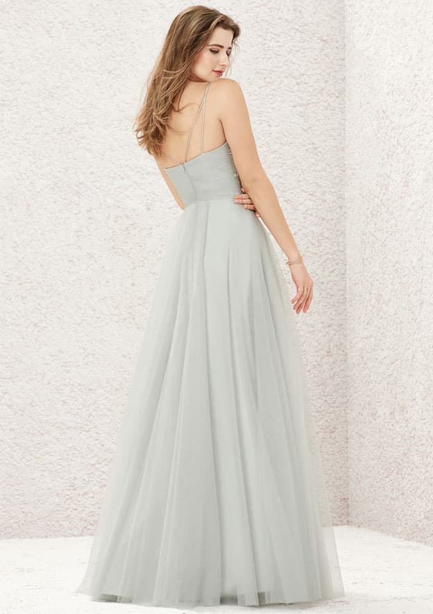 A-line V Neck Sleeveless Long/Floor-Length Tulle Bridesmaid Dress With Pleated Appliqued