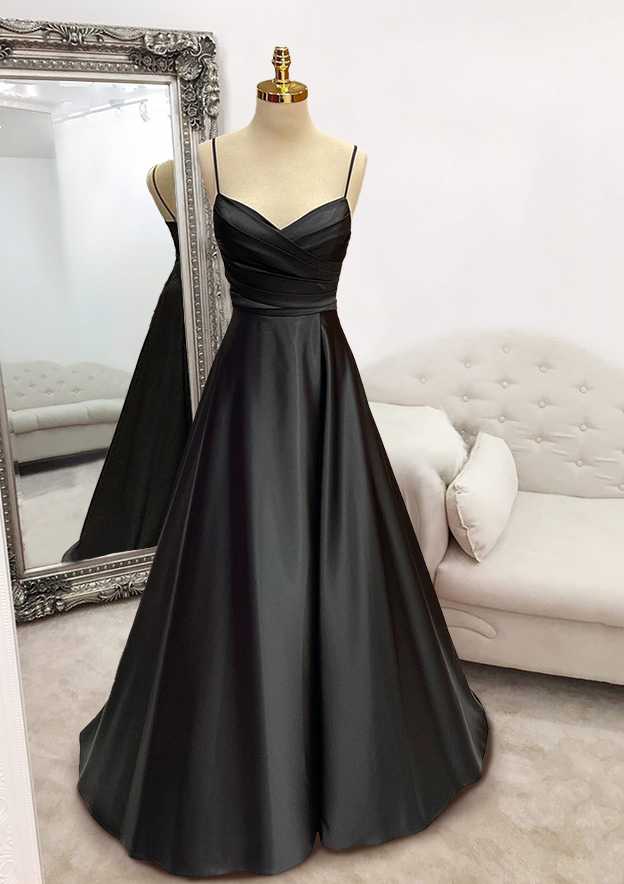 A-line V Neck Spaghetti Straps Long/Floor-Length Satin Prom Dress With Pleated