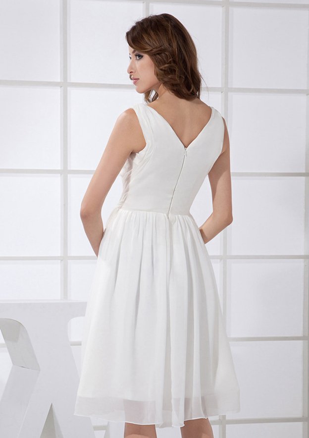 A-line V-neck Knee-length White Chiffon Short Homecoming Dresses