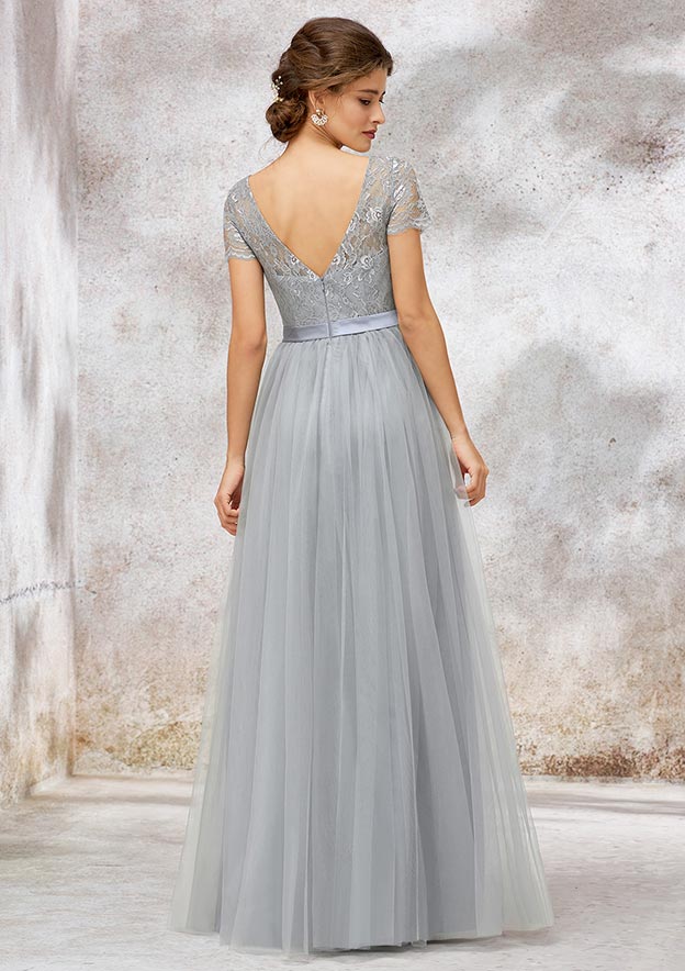 Tulle Bridesmaid Dress A-line/Princess Bateau Short Sleeve Long/Floor-Length With Lace