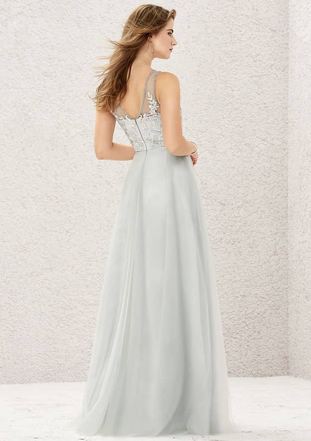 A-line Illusion Neck Sleeveless Long/Floor-Length Tulle Satin Bridesmaid Dress With Beading Appliqued