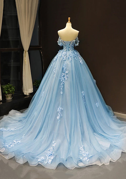 Ball Gown Off-the-Shoulder Sweep Train Tulle Prom Dress With Appliqued