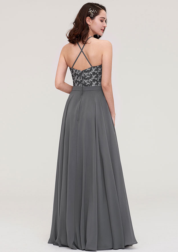 A-line/Princess Halter Sleeveless Long/Floor-Length Chiffon Bridesmaid Dress With Appliqued