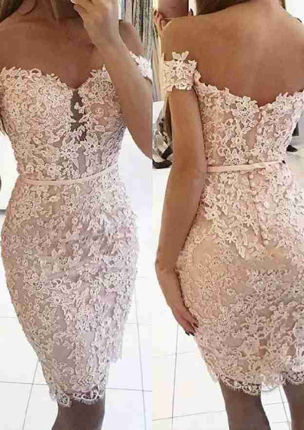 Sheath/Column Off-The-Shoulder Short Sleeve Knee-Length Lace Homecoming Dress With Beading Waistband