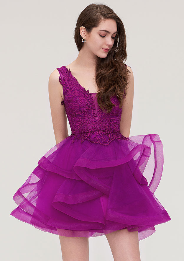 A-line/Princess V Neck Sleeveless Short/Mini Organza Homecoming Dress With Appliqued