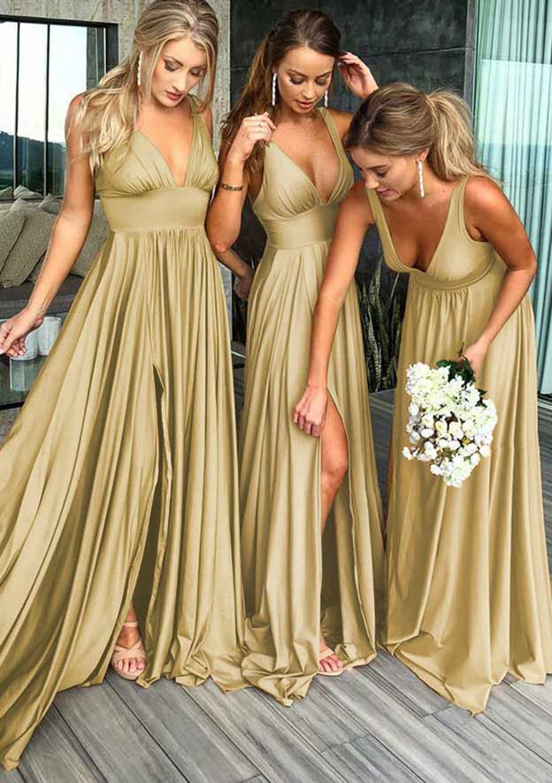 Jersey Bridesmaid Dress A-Line/Princess V-Neck Sweep Train With Split Front Pleated Waistband