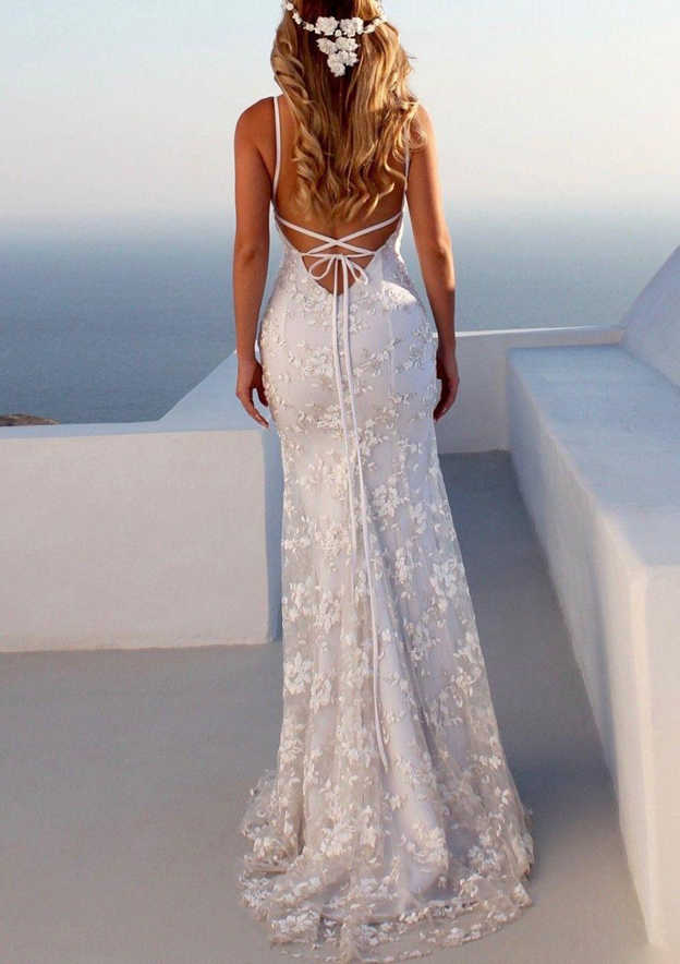 Trumpet/Mermaid Spaghetti Straps Court Train Lace Prom Dress