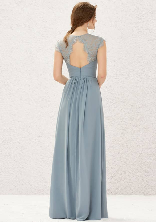 A-line Scoop Neck Sleeveless Long/Floor-Length Chiffon Bridesmaid Dress With Pleated Lace