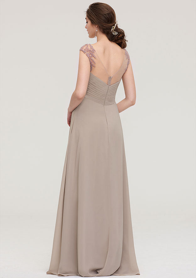 Chiffon Bridesmaid Dress A-line/Princess Scoop Neck Sleeveless Long/Floor-Length With Pleated Beading