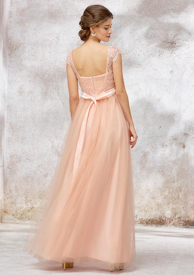 Tulle Bridesmaid Dress A-line/Princess Bateau Sleeveless Long/Floor-Length With Sashes Lace