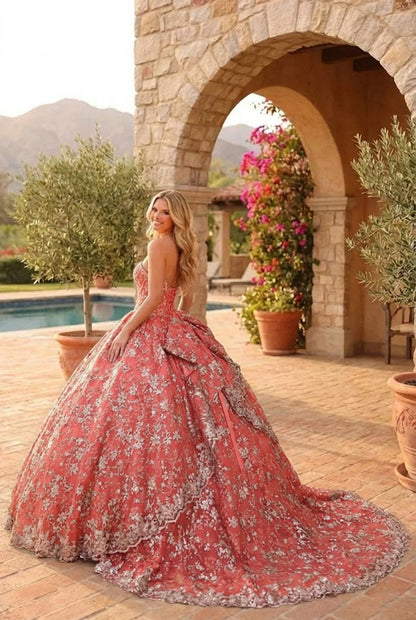 Charming Glitter Ball Gown Sleeveless Quinceañera Dress With Embroidery and Bow | Sevoba