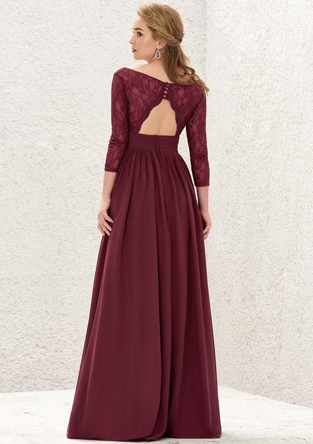 A-line V Neck Full/Long Sleeve Long/Floor-Length Chiffon Bridesmaid Dress With Lace Split Pleated