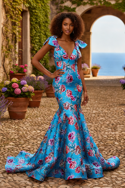 Luxury Deep V-Neck Mermaid Prom Dresses with Pink Floral Print | Sevoba