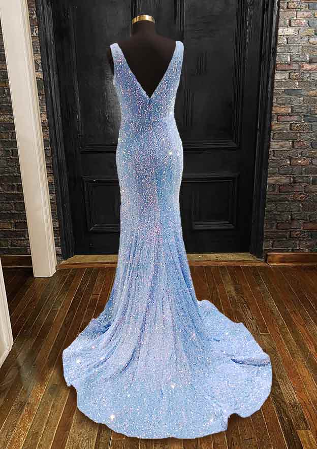 Sheath/Column Trumpet/Mermaid V Neck Sleeveless Velvet Sequins Sweep Train Prom Dress